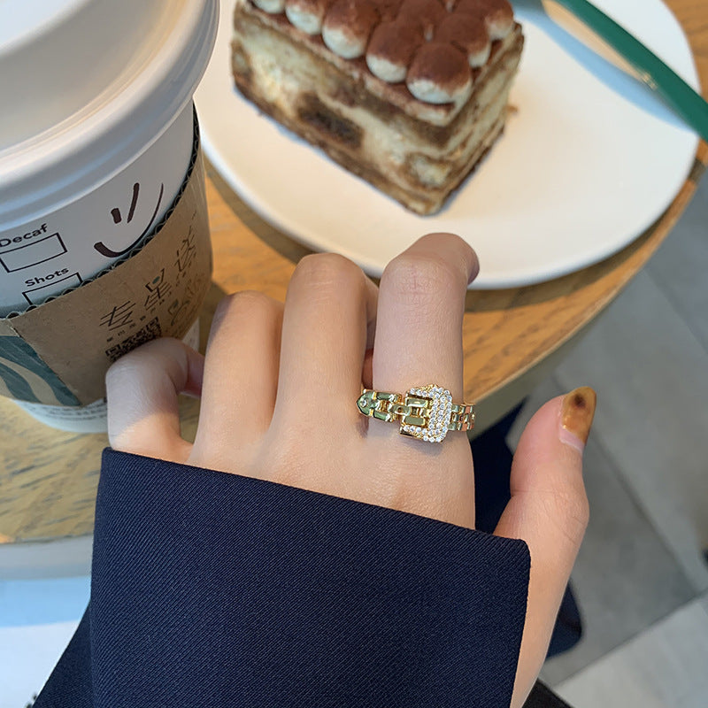 Adjustable Belt Buckle Zircon Rings Detachable Metal Soft Chain Ring حلقات زركون بإبزيم حزام قابل للتعديل، وسلسلة معدنية ناعمة قابلة للفصل