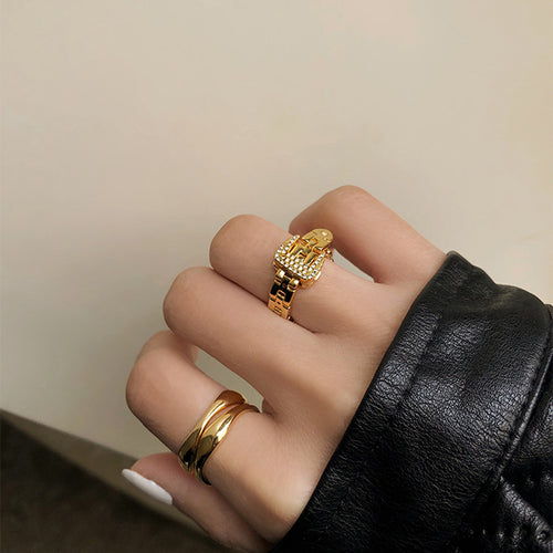 Adjustable Belt Buckle Zircon Rings Detachable Metal Soft Chain Ring حلقات زركون بإبزيم حزام قابل للتعديل، وسلسلة معدنية ناعمة قابلة للفصل