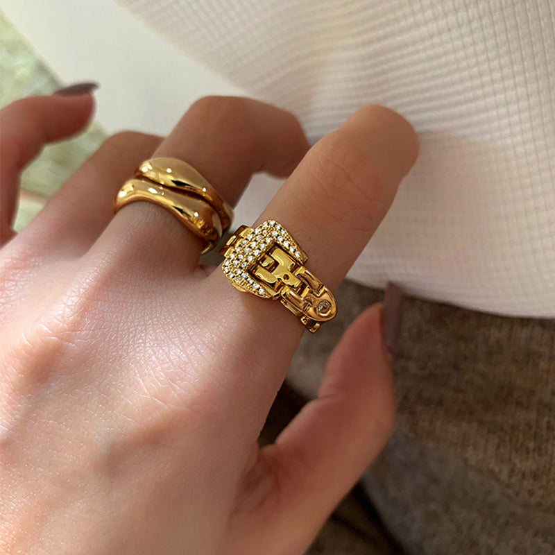Adjustable Belt Buckle Zircon Rings Detachable Metal Soft Chain Ring حلقات زركون بإبزيم حزام قابل للتعديل، وسلسلة معدنية ناعمة قابلة للفصل