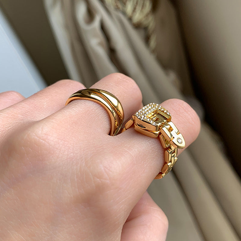 Adjustable Belt Buckle Zircon Rings Detachable Metal Soft Chain Ring حلقات زركون بإبزيم حزام قابل للتعديل، وسلسلة معدنية ناعمة قابلة للفصل