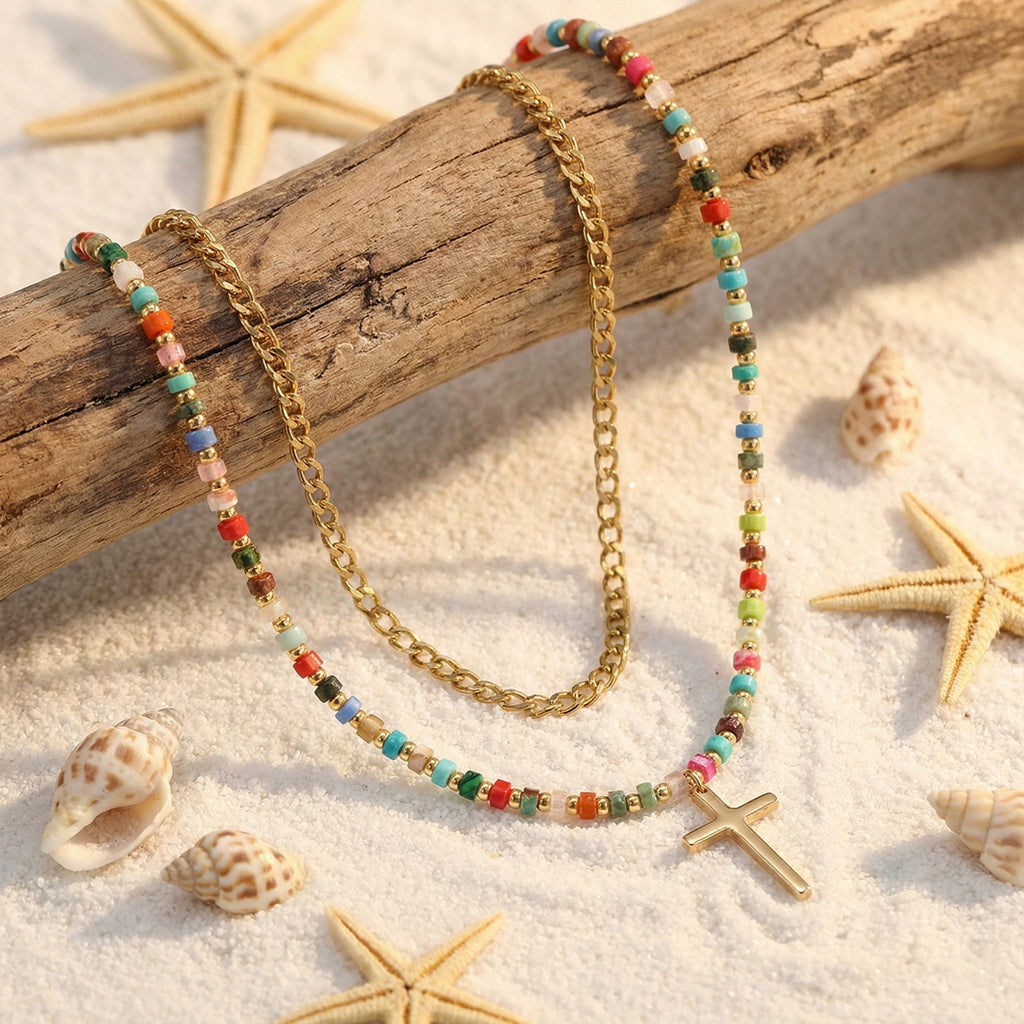 Colorful Beaded Double Layer Necklace قلادة ملونة من الخرز ذات طبقتين