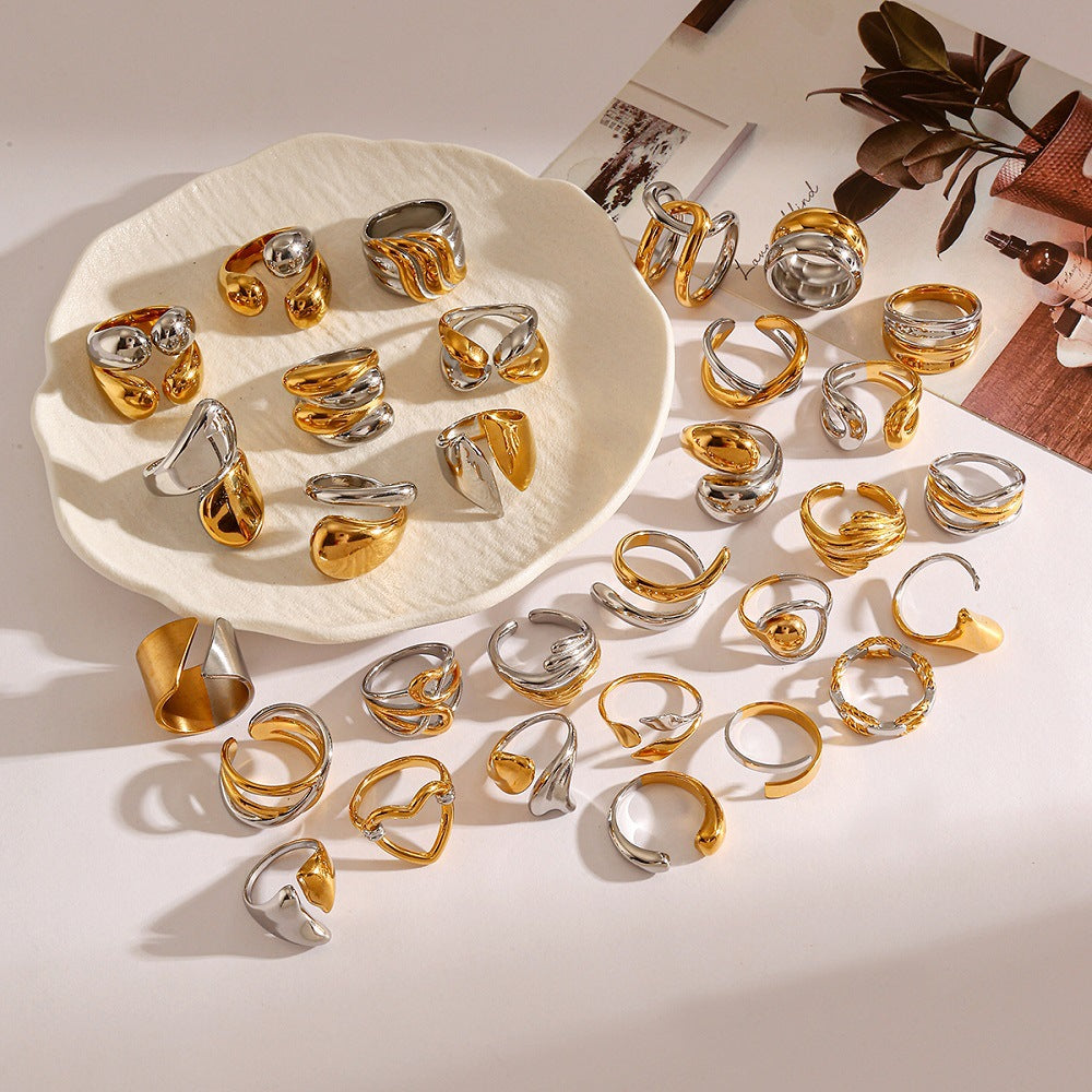 Ins Titanium Steel Ring Round Geometric 18K Gold Plated Niche Women Jewelry خاتم من الفولاذ التيتانيوم بتصميم هندسي دائري مطلي بالذهب عيار 18 قيراطًا، قطعة مجوهرات نسائية أنيقة