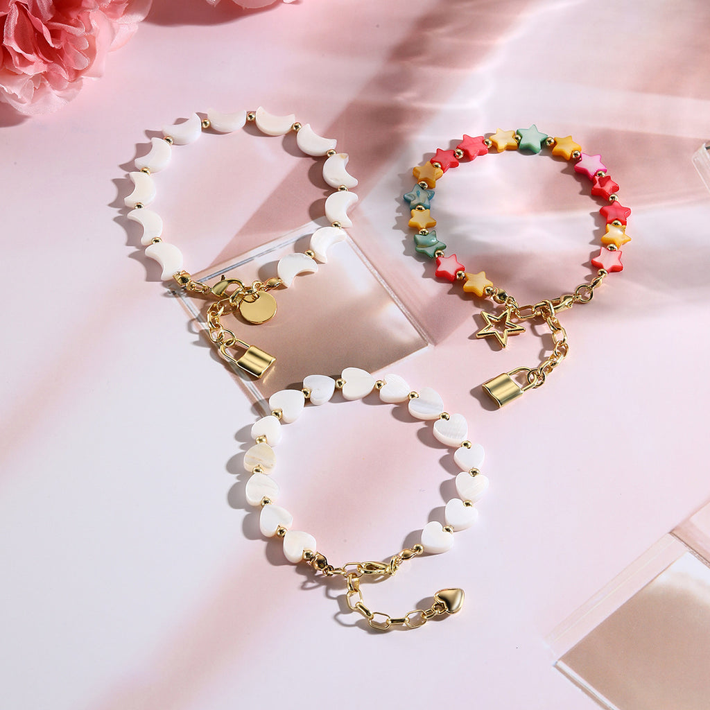 Moon Heart And Five-Pointed Star Natural Shell Bead Bracelet سوار من خرز الصدف الطبيعي على شكل قلب القمر ونجمة خماسية