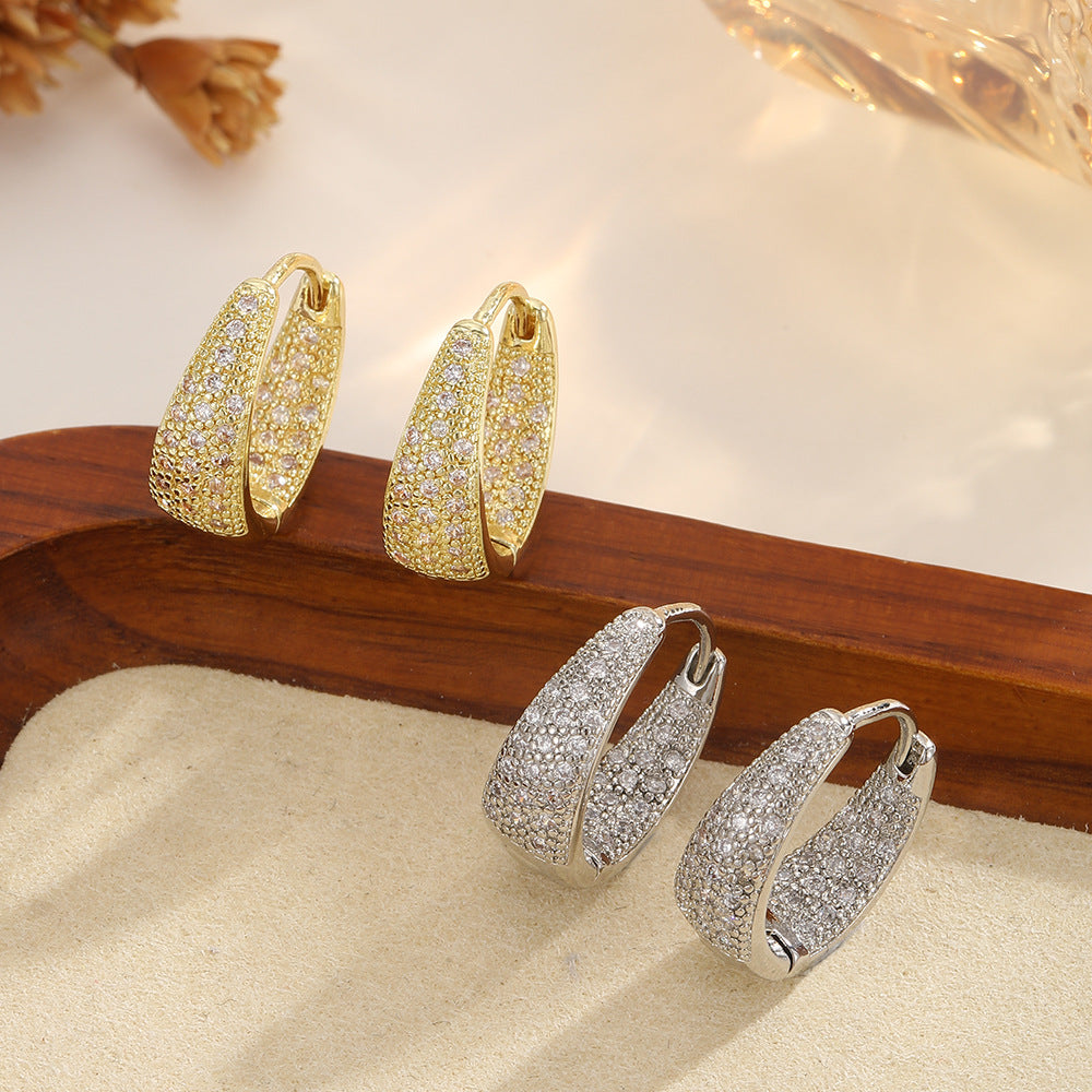 U-shaped Zircon Ear Clips Light Luxury Geometric Minimalist Copper Earrings أقراط أذن من الزركون على شكل حرف U، بتصميم هندسي بسيط فاخر من النحاس