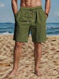 Men's Loose-Fit American-Style Linen Beach Casual Washed Button-Up قميص رجالي فضفاض بنمط أمريكي من الكتان، مناسب للشاطئ، بقصة مريحة وأزرار أمامية.