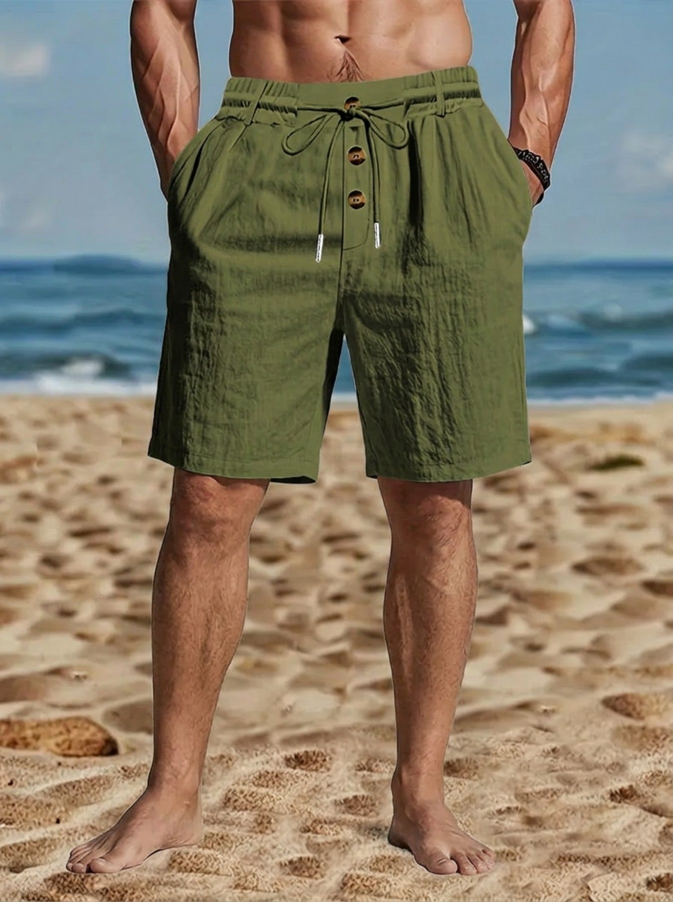 Men's Loose-Fit American-Style Linen Beach Casual Washed Button-Up قميص رجالي فضفاض بنمط أمريكي من الكتان، مناسب للشاطئ، بقصة مريحة وأزرار أمامية.
