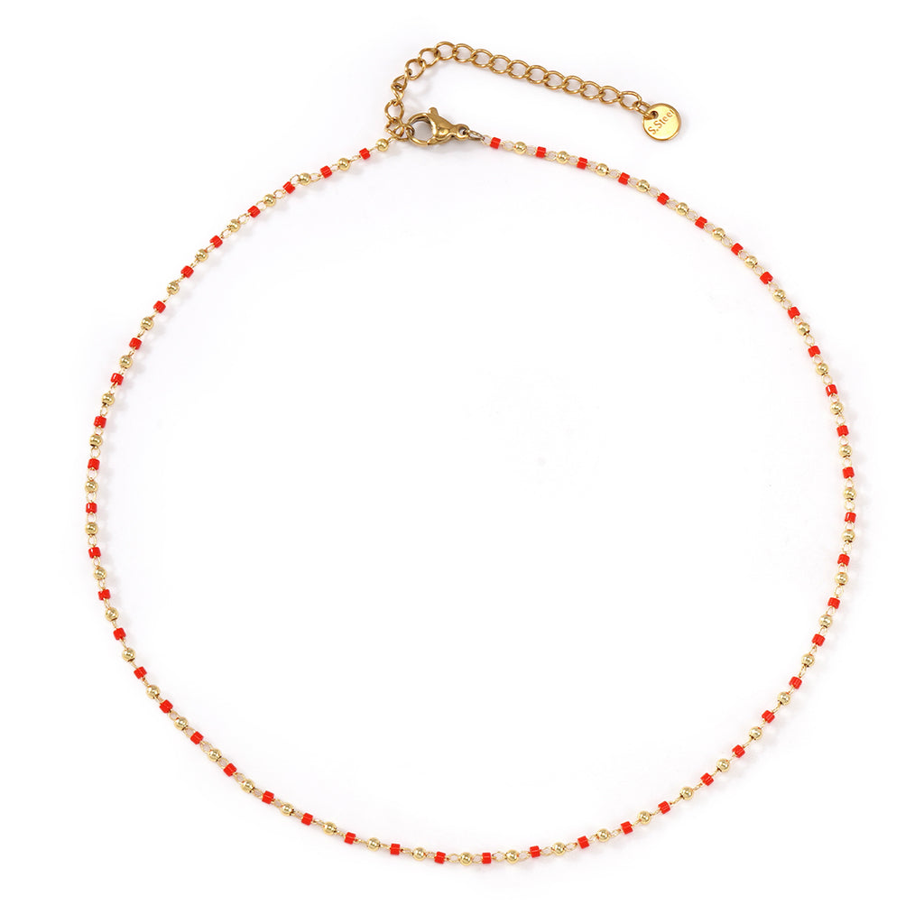 Handmade Beaded Red And Gold Double-Layer Necklace قلادة مصنوعة يدوياً من الخرز الأحمر والذهبي بطبقتين
