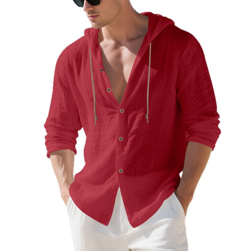 Mens Linen Hooded Long-Sleeve Casual Cardigan Shirt قميص كارديجان رجالي من الكتان بأكمام طويلة وغطاء رأس، مناسب للإطلالات الكاجوال