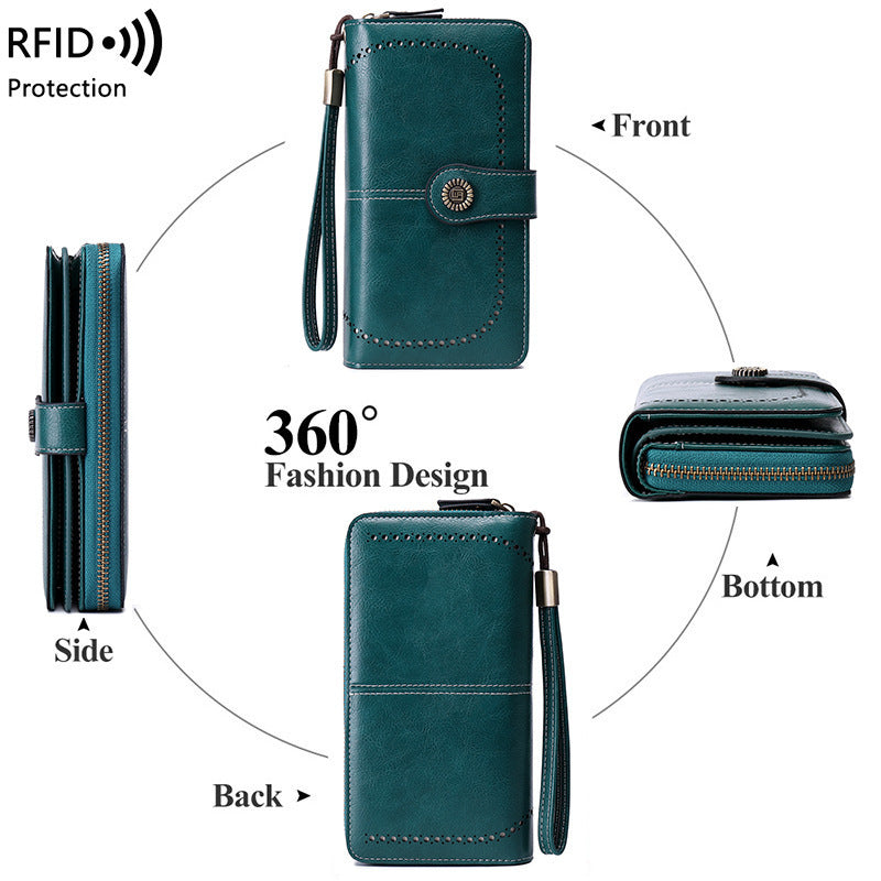 RFID Blocking Women's Long Zipper Wallet, Large Capacity Clutch Purse For Daily & Travel Use, Multi Card Holder Ladies Wallet