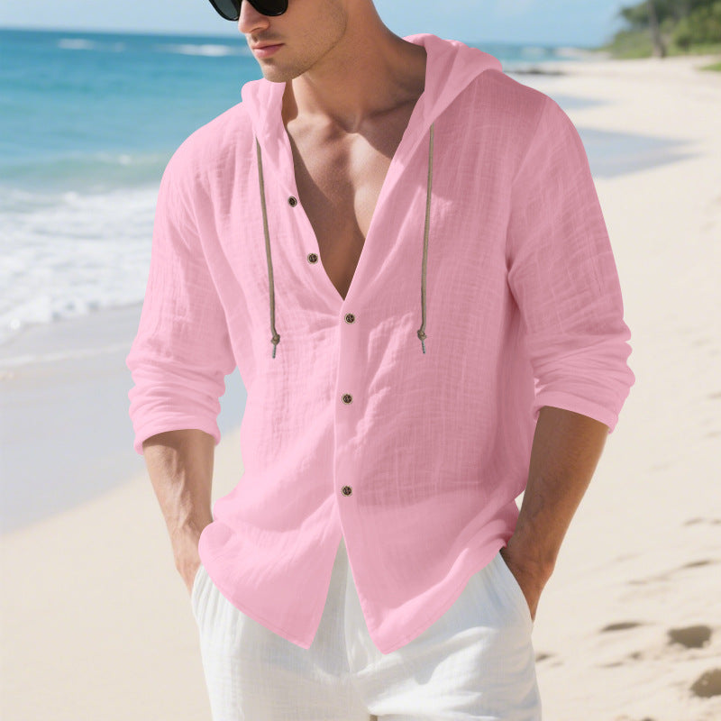 Mens Linen Hooded Long-Sleeve Casual Cardigan Shirt قميص كارديجان رجالي من الكتان بأكمام طويلة وغطاء رأس، مناسب للإطلالات الكاجوال
