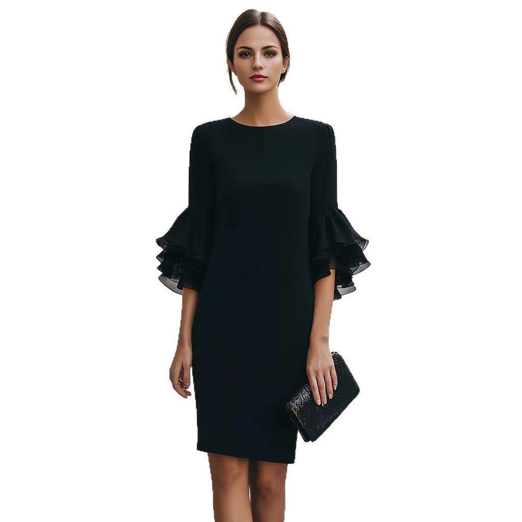 Womens Solid-Colored Ruffle-Trim Flared-Sleeve Slim-Fit Dress فستان نسائي ضيق بأكمام واسعة وحواف مكشكشة بلون موحد