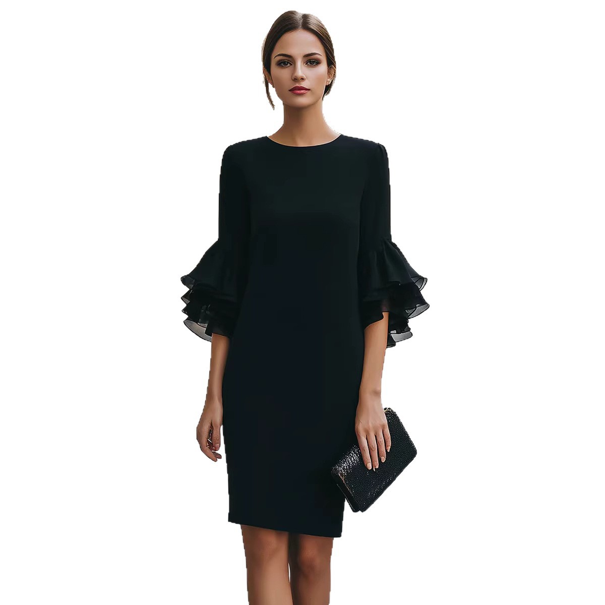 Womens Solid-Colored Ruffle-Trim Flared-Sleeve Slim-Fit Dress فستان نسائي ضيق بأكمام واسعة وحواف مكشكشة بلون موحد