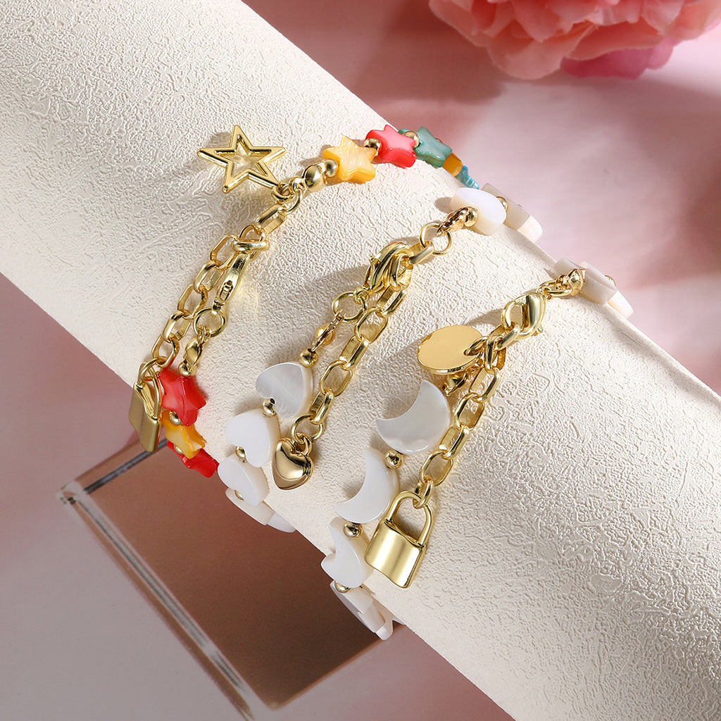 Moon Heart And Five-Pointed Star Natural Shell Bead Bracelet سوار من خرز الصدف الطبيعي على شكل قلب القمر ونجمة خماسية