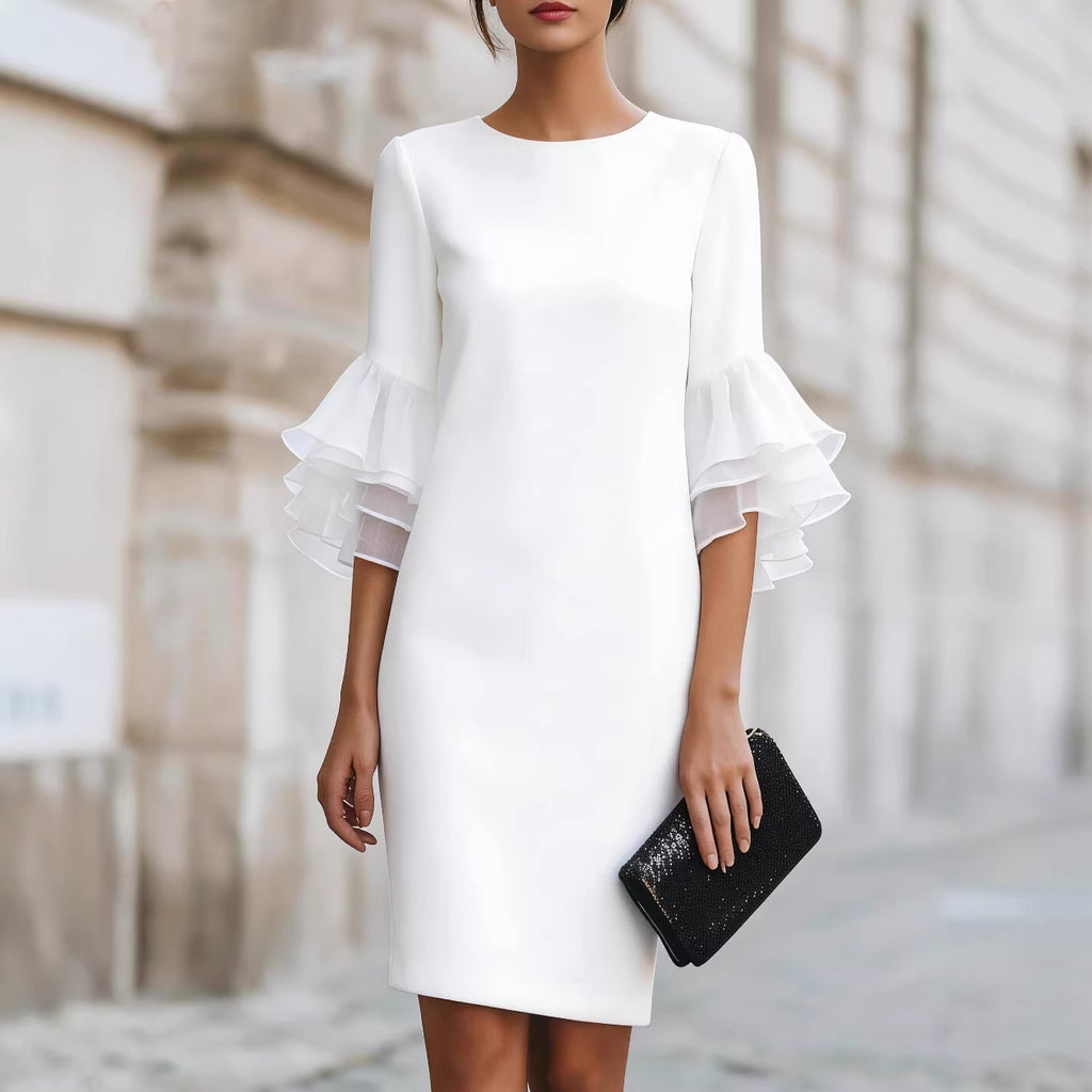 Womens Solid-Colored Ruffle-Trim Flared-Sleeve Slim-Fit Dress فستان نسائي ضيق بأكمام واسعة وحواف مكشكشة بلون موحد
