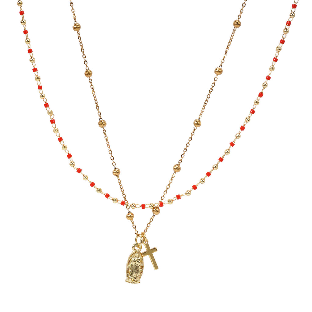 Handmade Beaded Red And Gold Double-Layer Necklace قلادة مصنوعة يدوياً من الخرز الأحمر والذهبي بطبقتين