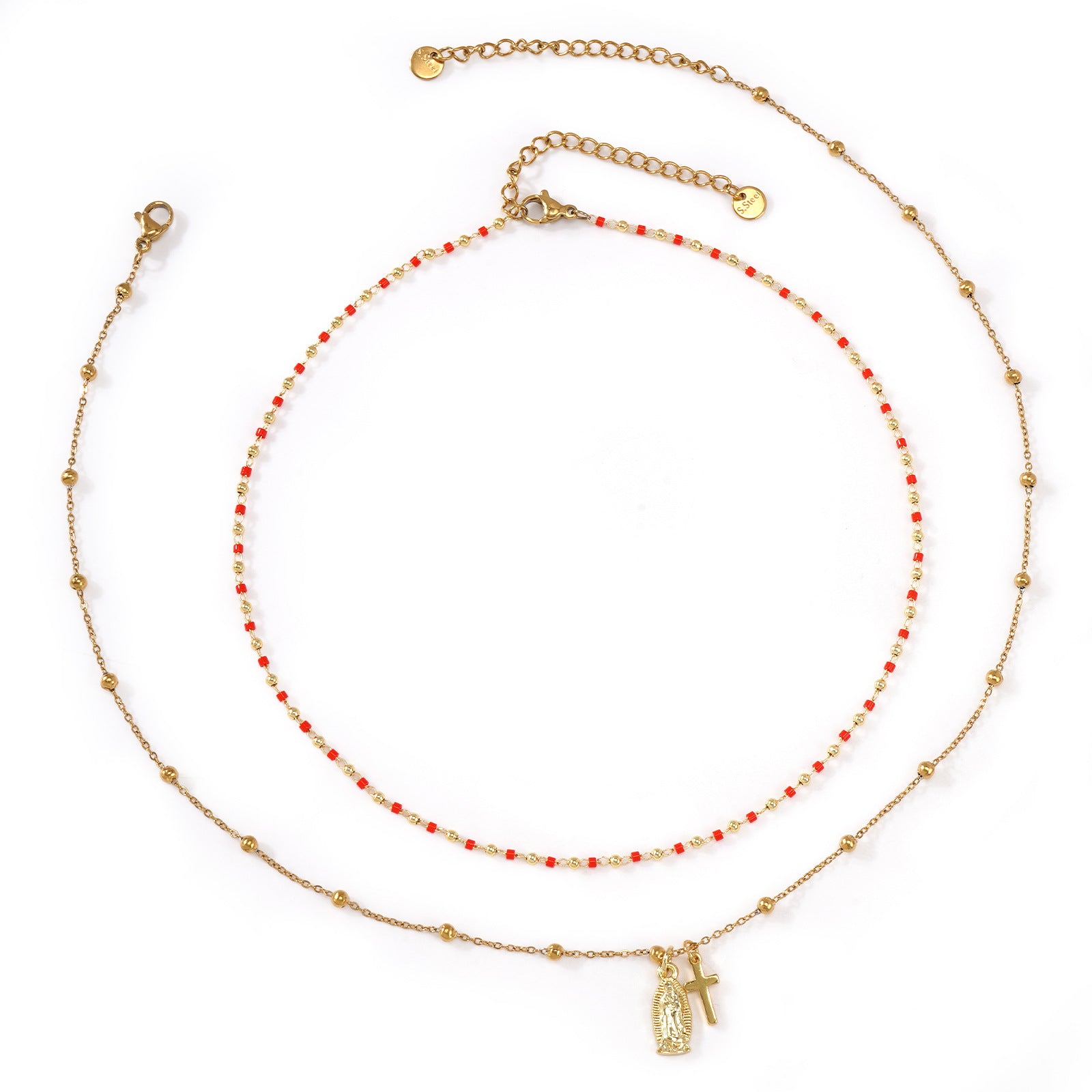 Handmade Beaded Red And Gold Double-Layer Necklace قلادة مصنوعة يدوياً من الخرز الأحمر والذهبي بطبقتين