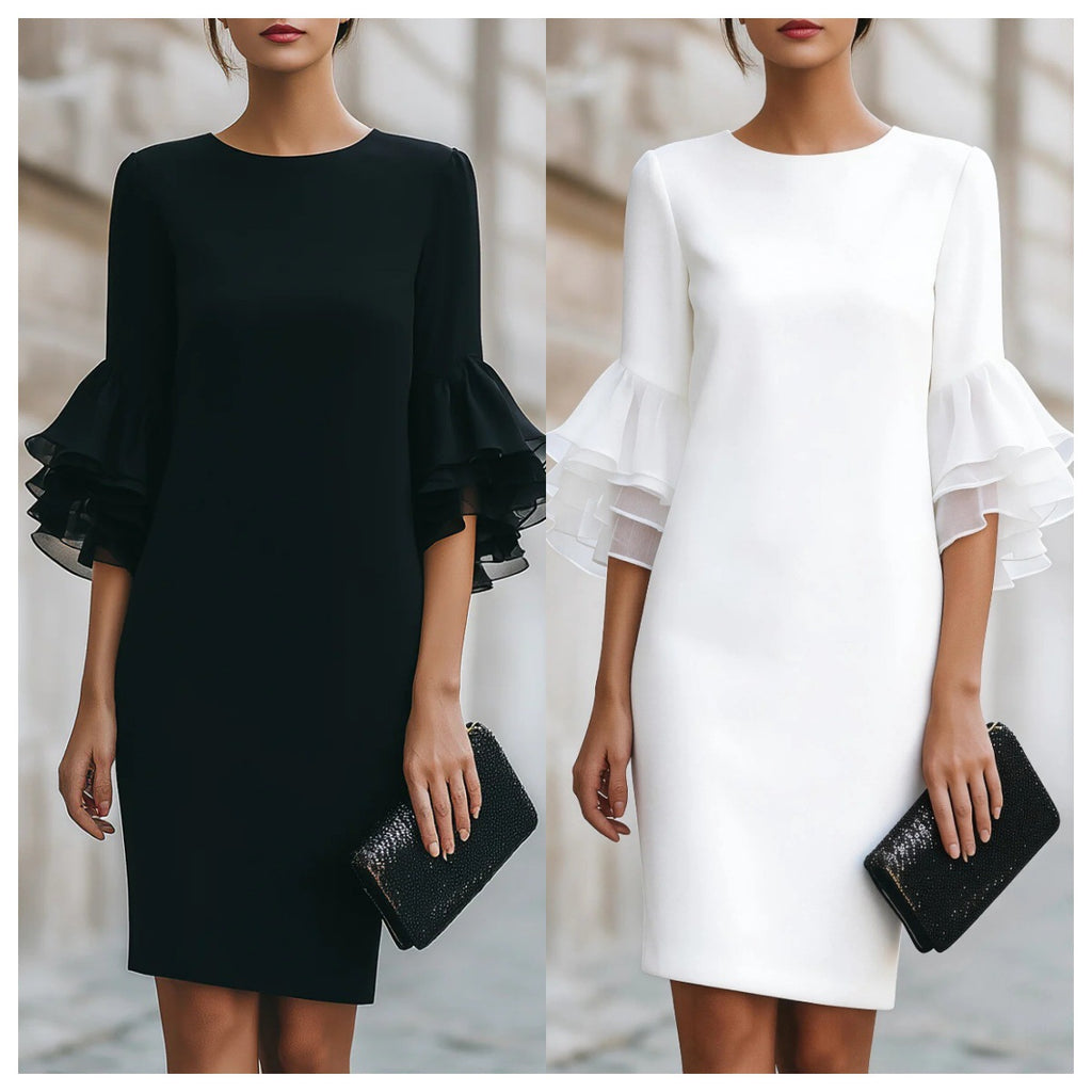 Womens Solid-Colored Ruffle-Trim Flared-Sleeve Slim-Fit Dress فستان نسائي ضيق بأكمام واسعة وحواف مكشكشة بلون موحد