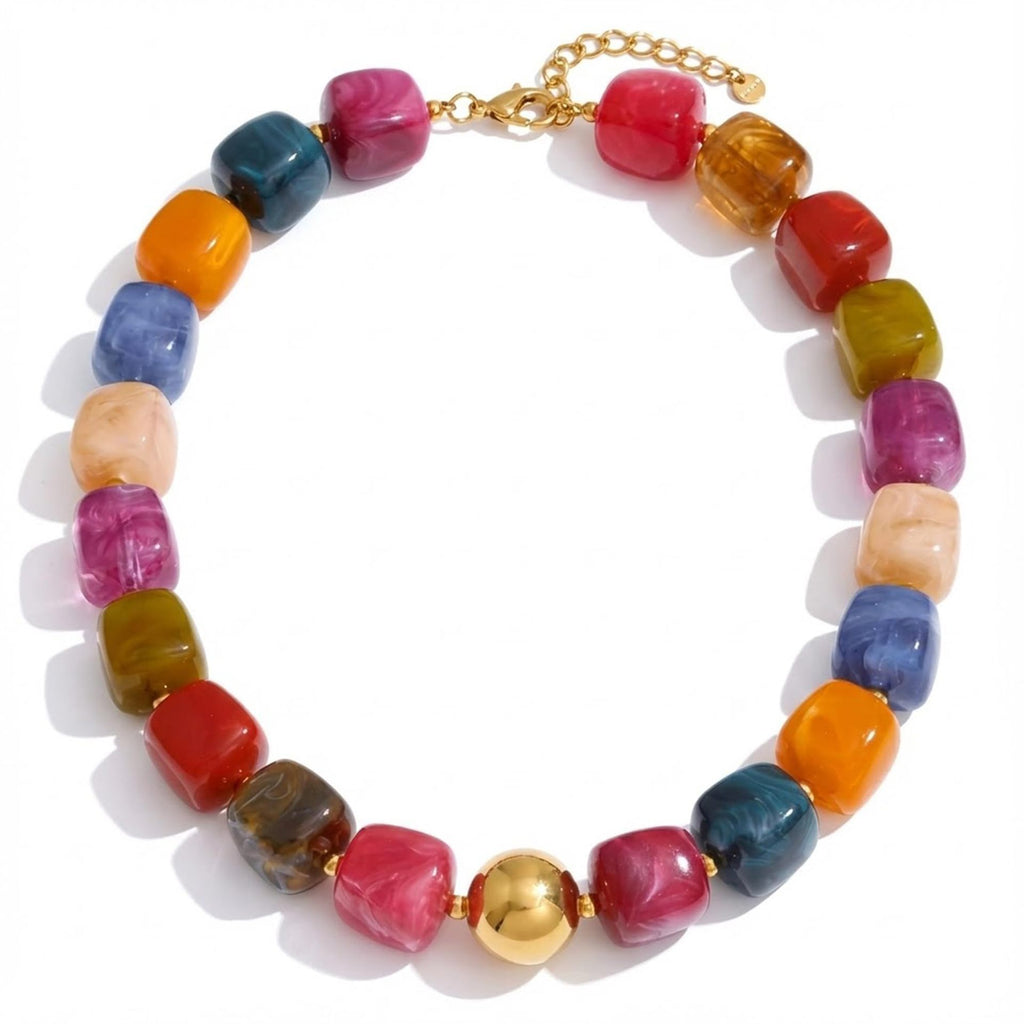Bohemian-style Multicolor Resin Bead Necklace قلادة من الخرز الراتنجي متعدد الألوان على الطراز البوهيمي