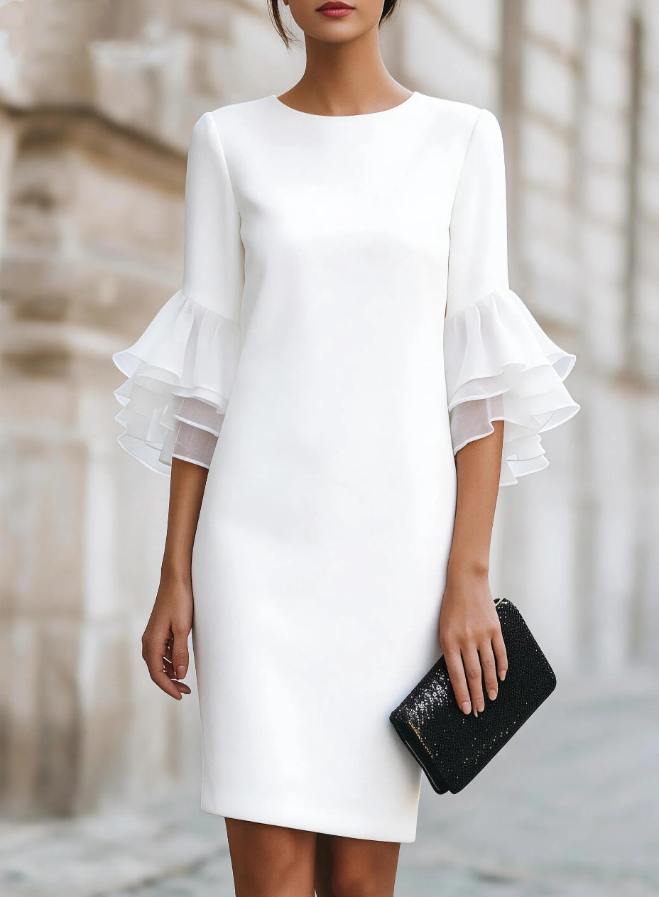 Womens Solid-Colored Ruffle-Trim Flared-Sleeve Slim-Fit Dress فستان نسائي ضيق بأكمام واسعة وحواف مكشكشة بلون موحد