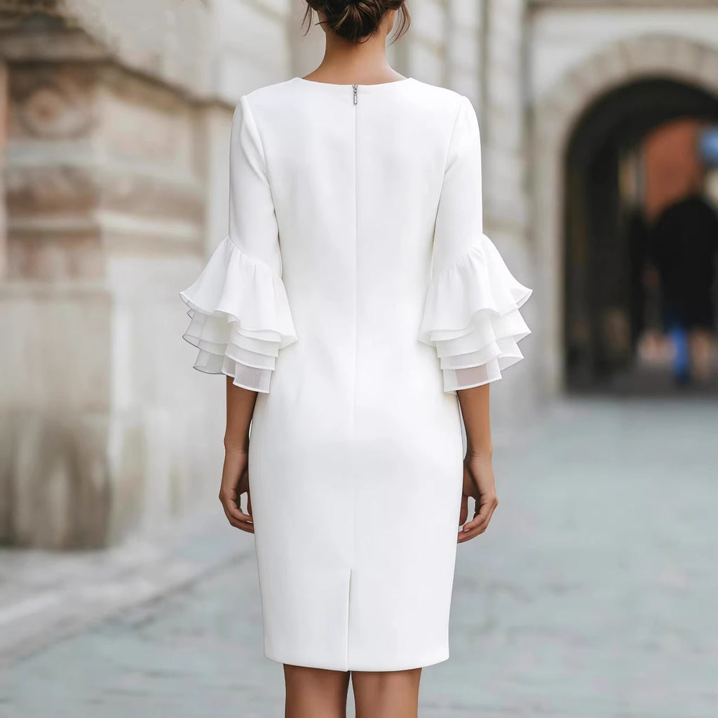 Womens Solid-Colored Ruffle-Trim Flared-Sleeve Slim-Fit Dress فستان نسائي ضيق بأكمام واسعة وحواف مكشكشة بلون موحد