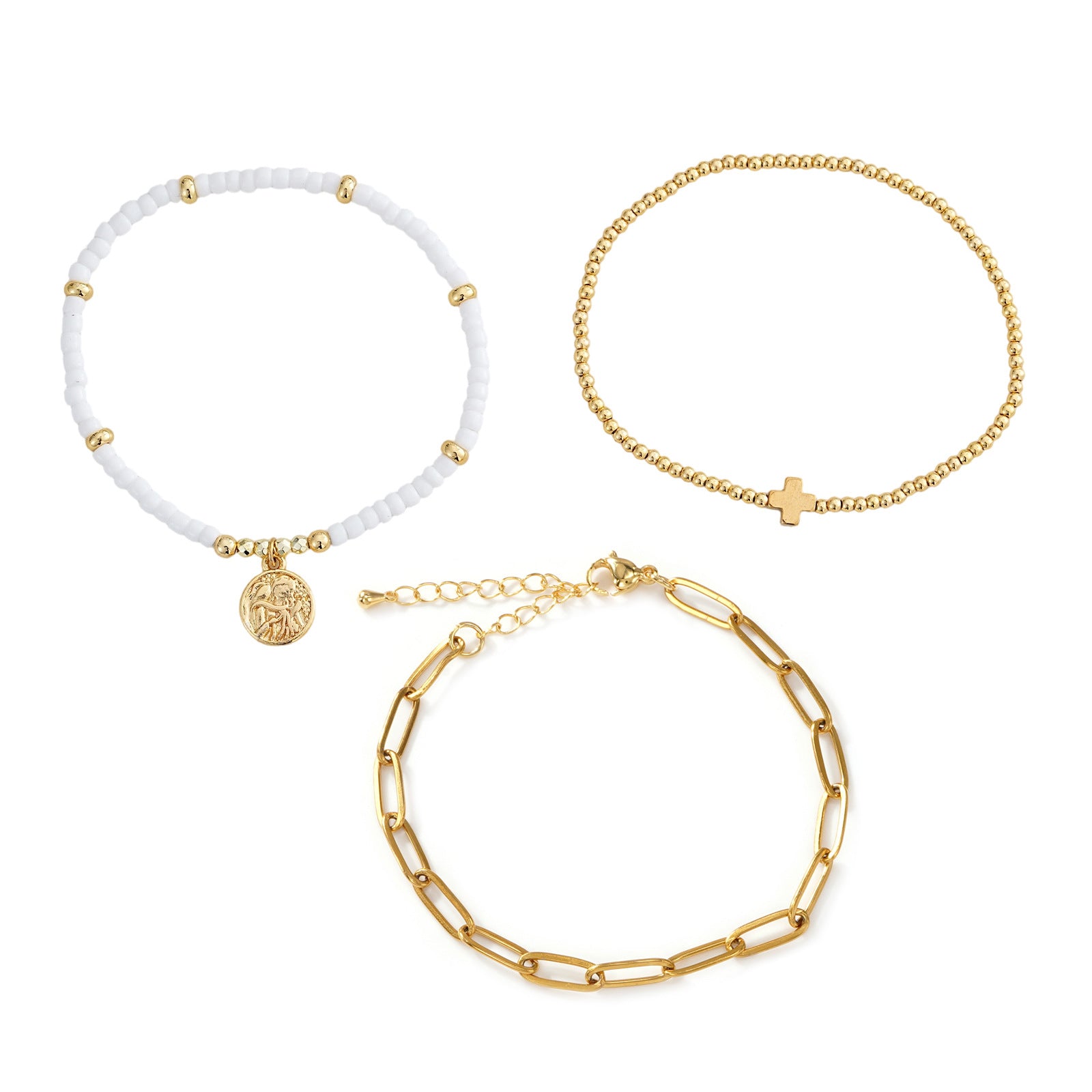Adjustable Multi-Layer Gold Bead Heart Charm Bracelet سوار قابل للتعديل متعدد الطبقات مزين بخرز ذهبي على شكل قلب