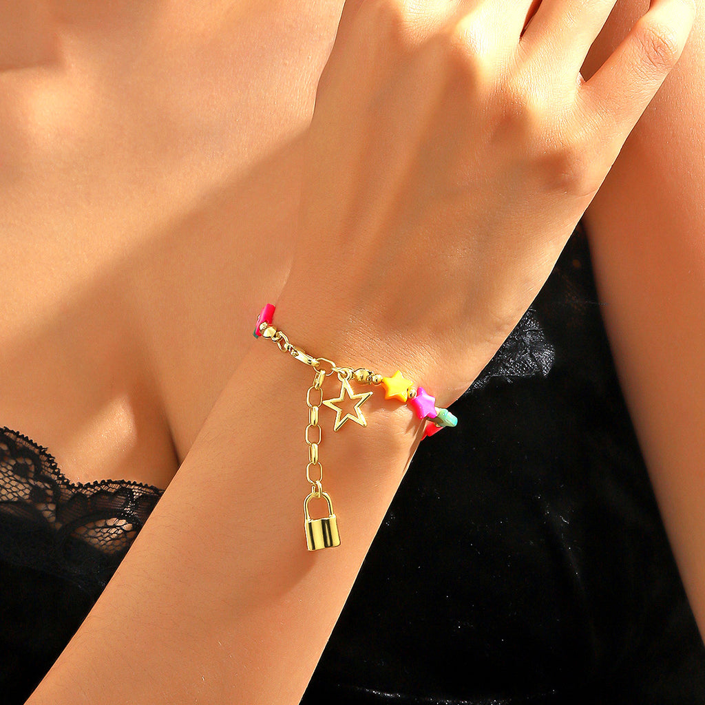 Moon Heart And Five-Pointed Star Natural Shell Bead Bracelet سوار من خرز الصدف الطبيعي على شكل قلب القمر ونجمة خماسية