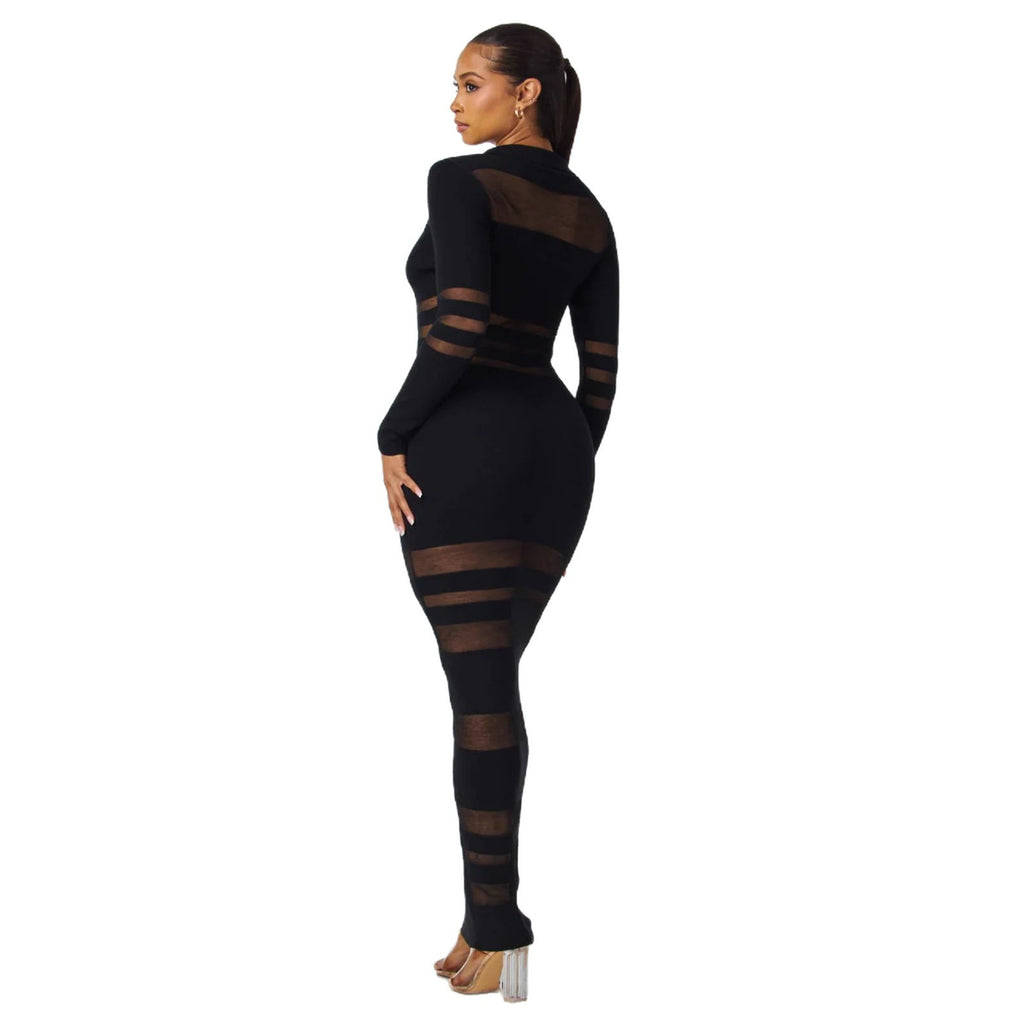 Mesh-Panel Autumn Winter Slim-Fit Sheath Dress With Defined Waist For A Slimmer Look فستان ضيق بقصة مستقيمة مناسب لفصلي الخريف والشتاء، مزين بألواح شبكية، مع خصر محدد لإطلالة أكثر رشاقة.