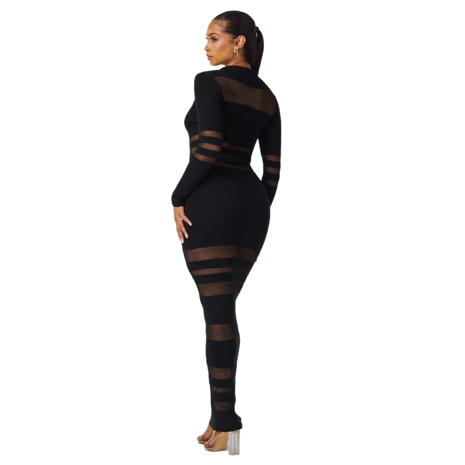 Mesh-Panel Autumn Winter Slim-Fit Sheath Dress With Defined Waist For A Slimmer Look فستان ضيق بقصة مستقيمة مناسب لفصلي الخريف والشتاء، مزين بألواح شبكية، مع خصر محدد لإطلالة أكثر رشاقة.