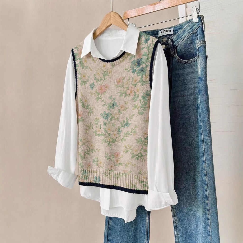 Small Floral Knitted Vest Womens Loose-Fitting Outerwear Sleeveless Sweater سترة نسائية قصيرة محبوكة بنقوش زهور صغيرة، فضفاضة، بدون أكمام