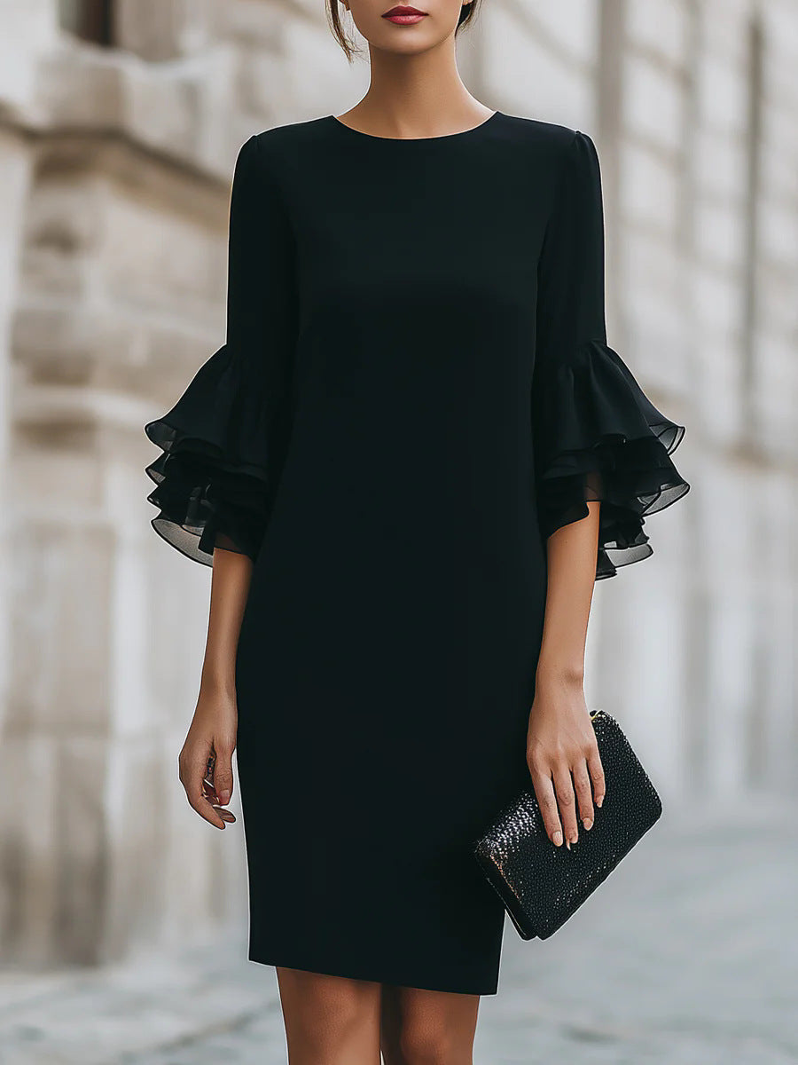 Womens Solid-Colored Ruffle-Trim Flared-Sleeve Slim-Fit Dress فستان نسائي ضيق بأكمام واسعة وحواف مكشكشة بلون موحد
