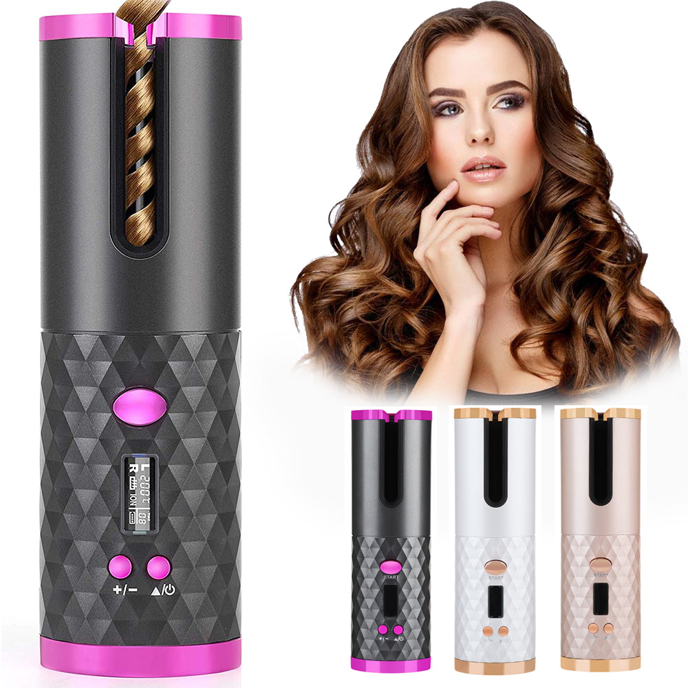 Rechargeable Automatic Hair Curler Women Portable Hair Curling Irمكواة تجعيد الشعر الأوتوماتيكية القابلة لإعادة الشحن للنساء، مكواة تجعيد شعر محمولة بشاشة LCD، مصنوعة من السيراميك، دوارة لتجعيد الشعر وتموجهه