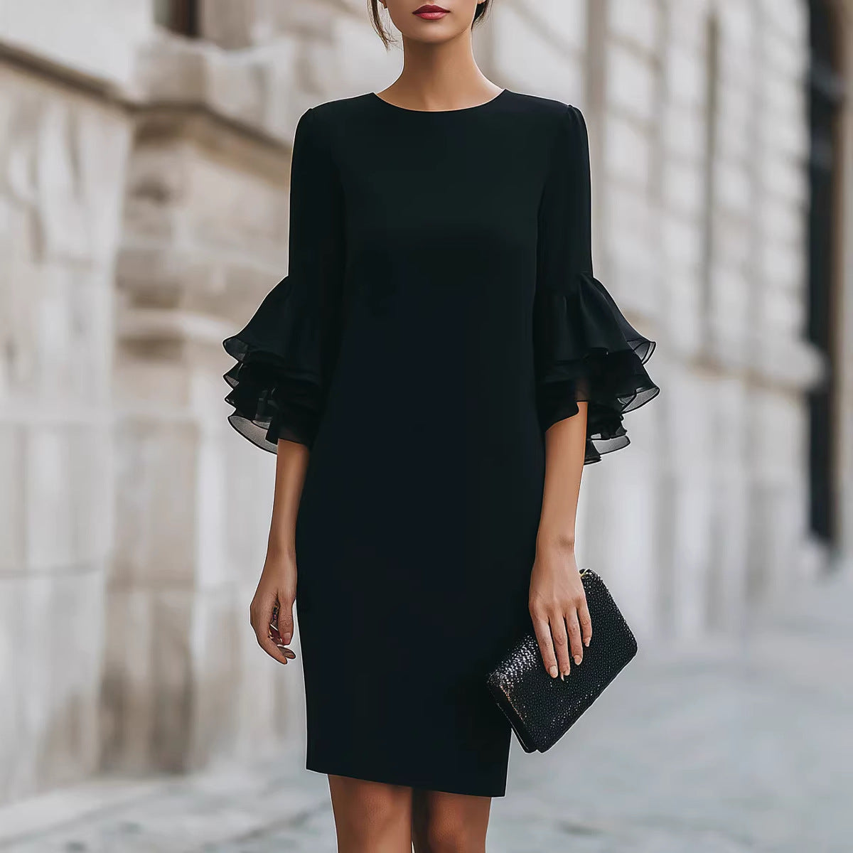 Womens Solid-Colored Ruffle-Trim Flared-Sleeve Slim-Fit Dress فستان نسائي ضيق بأكمام واسعة وحواف مكشكشة بلون موحد