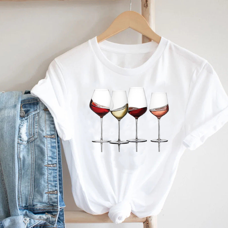 Women Printing Clothing Wine Lady Short Sleeve Casual ملابس نسائية مطبوعة، لون خمري، بأكمام قصيرة، كاجوال