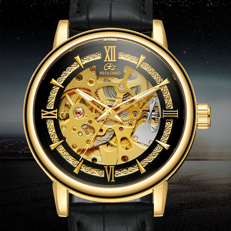 European And American-style Mens Fashionable Hollow-out Mechanical Watch ساعة رجالية ميكانيكية أنيقة بتصميم أوروبي وأمريكي