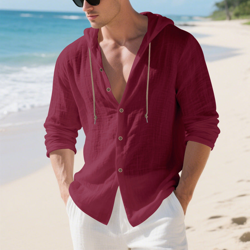 Mens Linen Hooded Long-Sleeve Casual Cardigan Shirt قميص كارديجان رجالي من الكتان بأكمام طويلة وغطاء رأس، مناسب للإطلالات الكاجوال