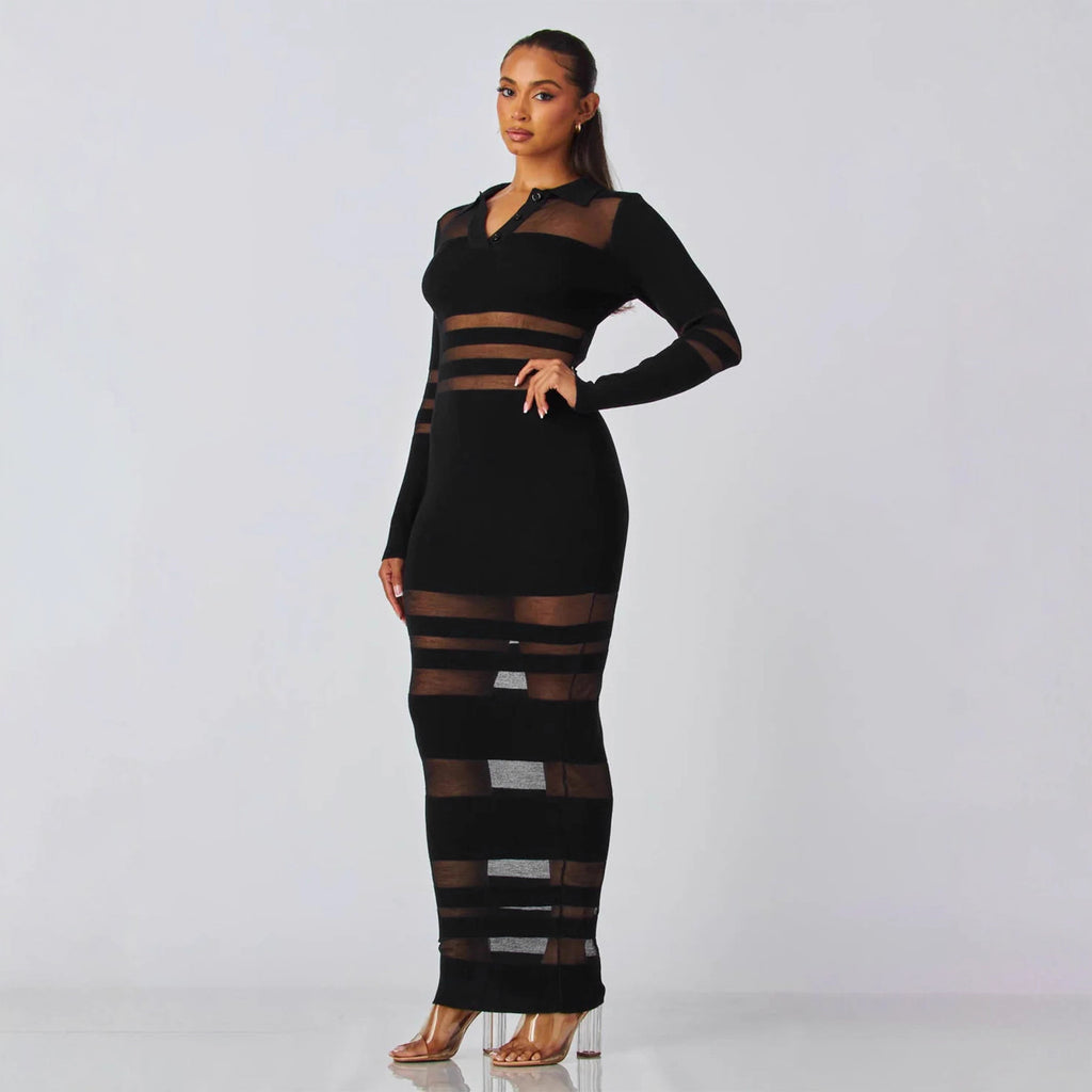 Mesh-Panel Autumn Winter Slim-Fit Sheath Dress With Defined Waist For A Slimmer Look فستان ضيق بقصة مستقيمة مناسب لفصلي الخريف والشتاء، مزين بألواح شبكية، مع خصر محدد لإطلالة أكثر رشاقة.