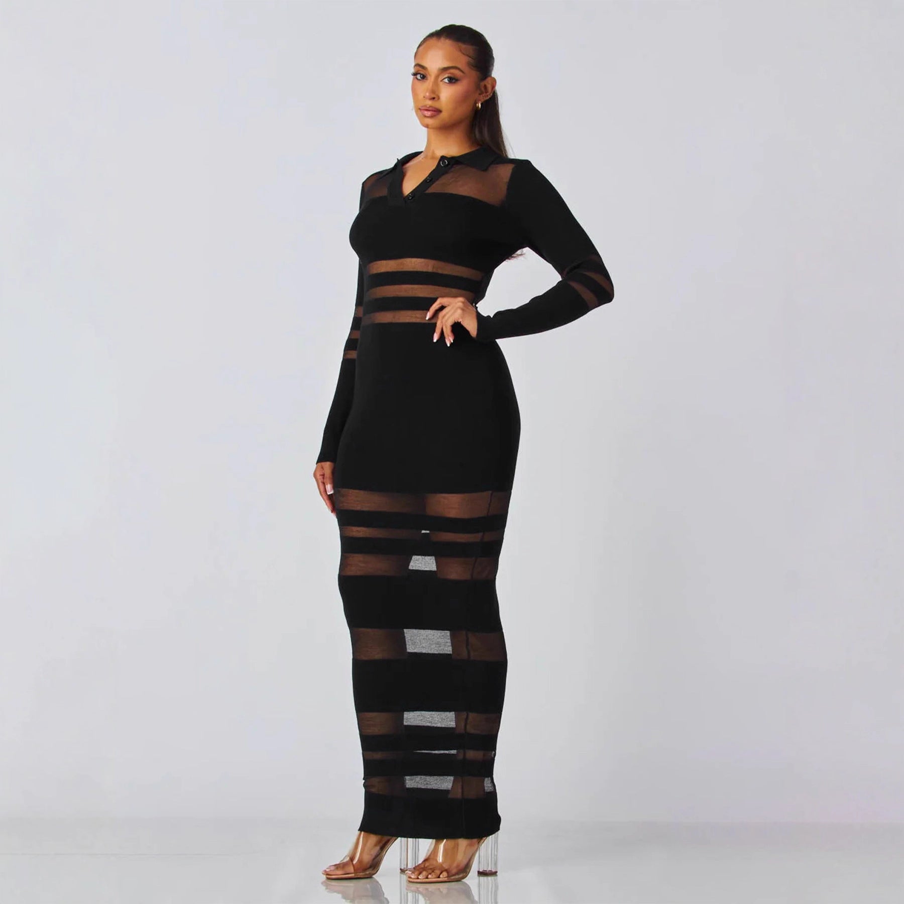 Mesh-Panel Autumn Winter Slim-Fit Sheath Dress With Defined Waist For A Slimmer Look فستان ضيق بقصة مستقيمة مناسب لفصلي الخريف والشتاء، مزين بألواح شبكية، مع خصر محدد لإطلالة أكثر رشاقة.