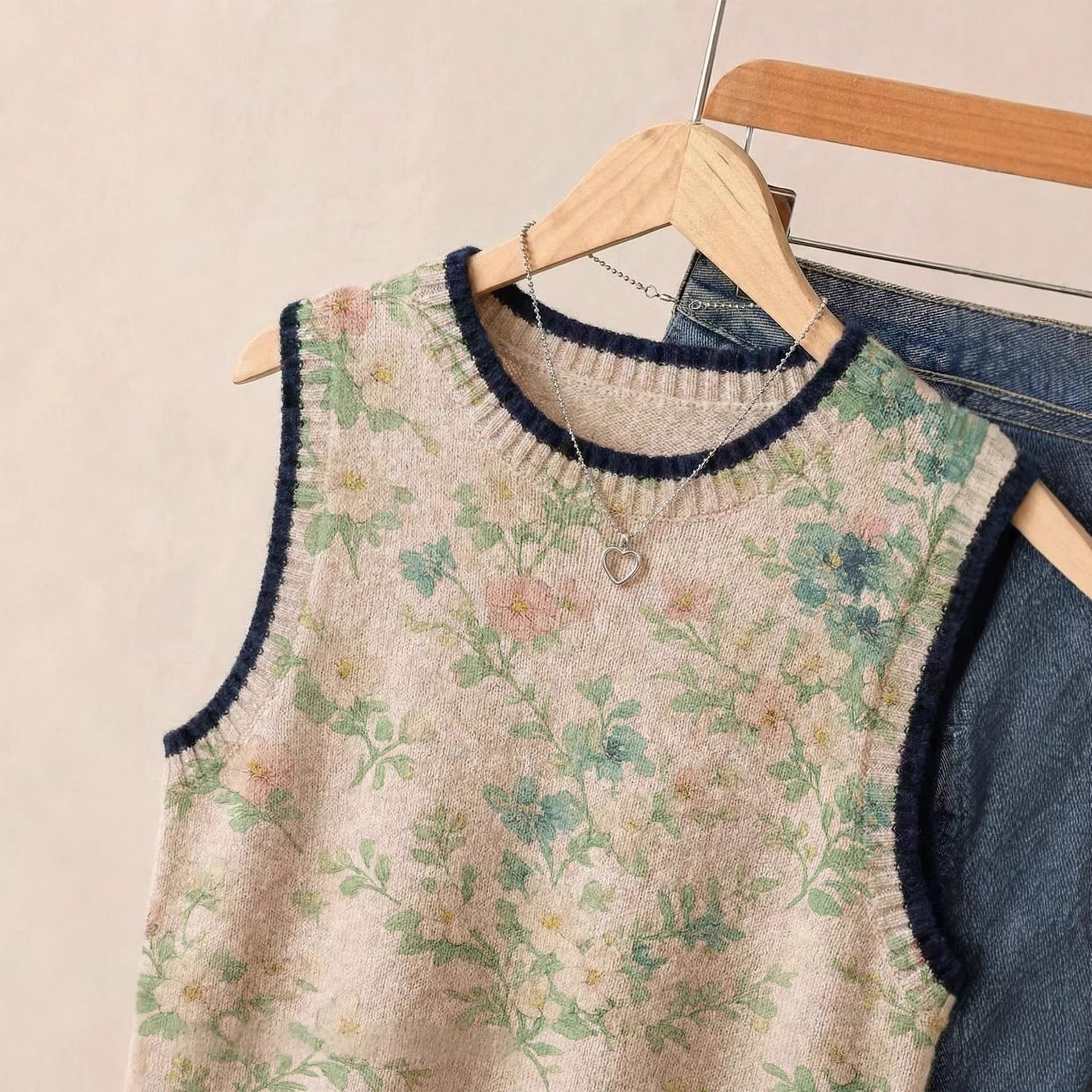 Small Floral Knitted Vest Womens Loose-Fitting Outerwear Sleeveless Sweater سترة نسائية قصيرة محبوكة بنقوش زهور صغيرة، فضفاضة، بدون أكمام