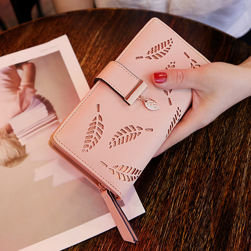 Women's Fashion Long Wallet Clutch - Elegant Hollow Out Leaf Design Zipper Closure Wristlet Handbag With Card Slots & Phone Compartment, Trendy Evening Purse For Ladies & Girls