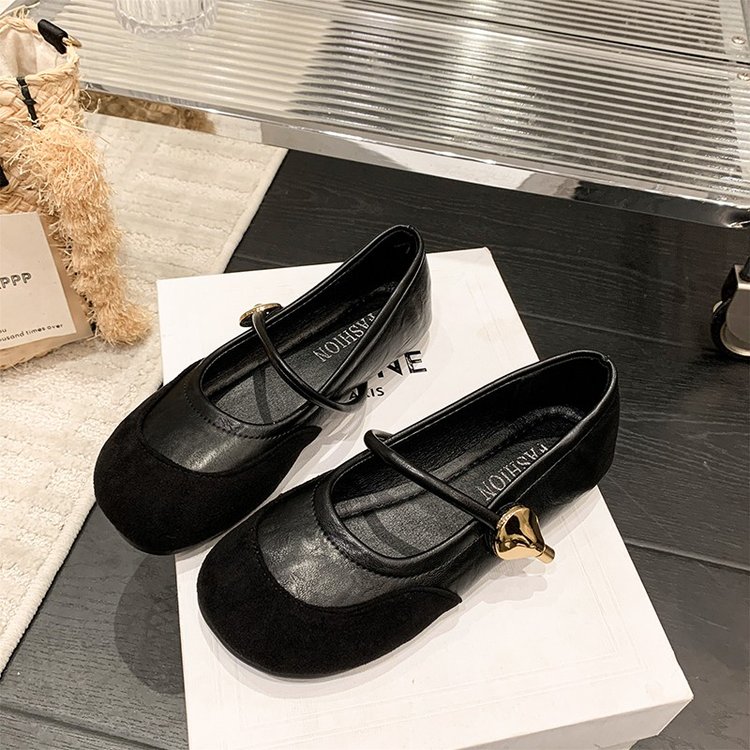 2026 French Style Gentle Women's Pumps, One-Strap Splice Round Toe Hidden Heel Mary Jane Ballet Flats حذاء باليه نسائي أنيق بتصميم فرنسي، موديل 2026، ذو كعب مخفي ومقدمة مستديرة وحزام واحد.
