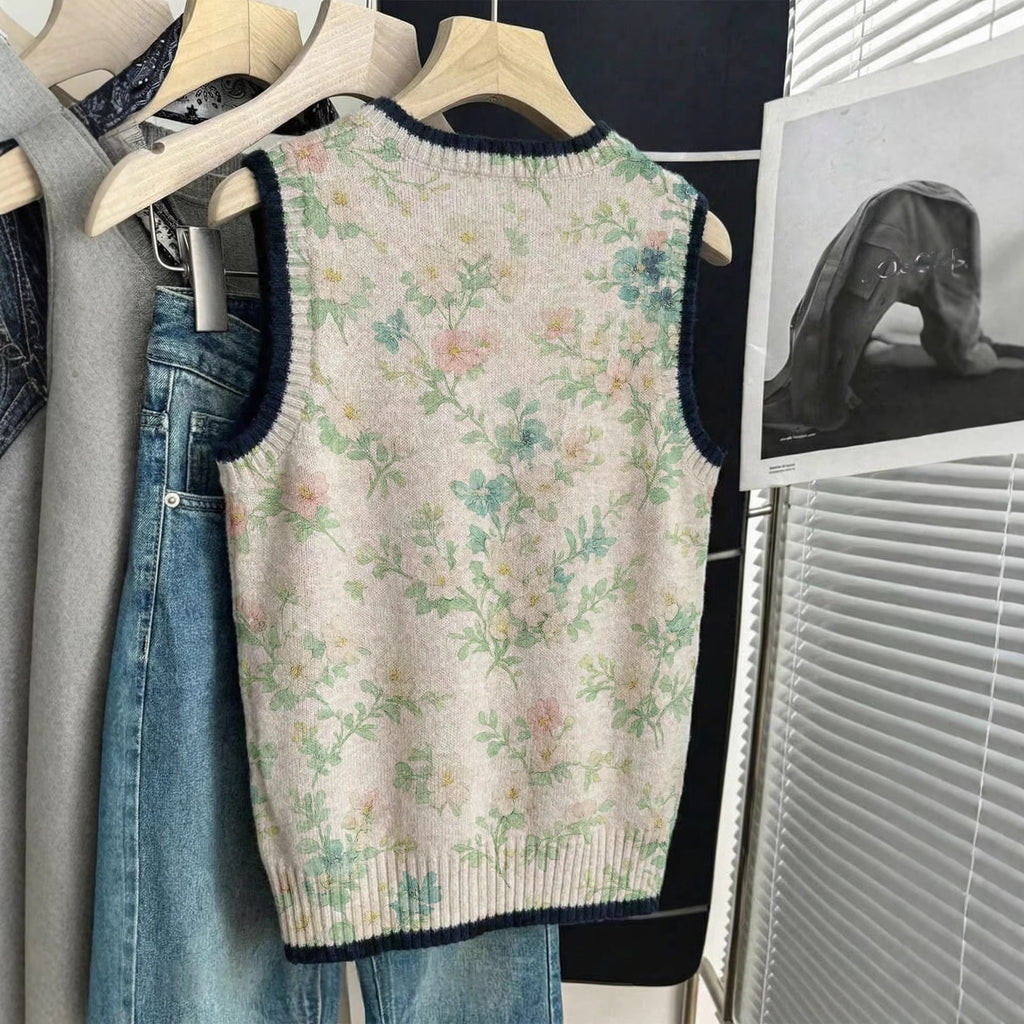 Small Floral Knitted Vest Womens Loose-Fitting Outerwear Sleeveless Sweater سترة نسائية قصيرة محبوكة بنقوش زهور صغيرة، فضفاضة، بدون أكمام