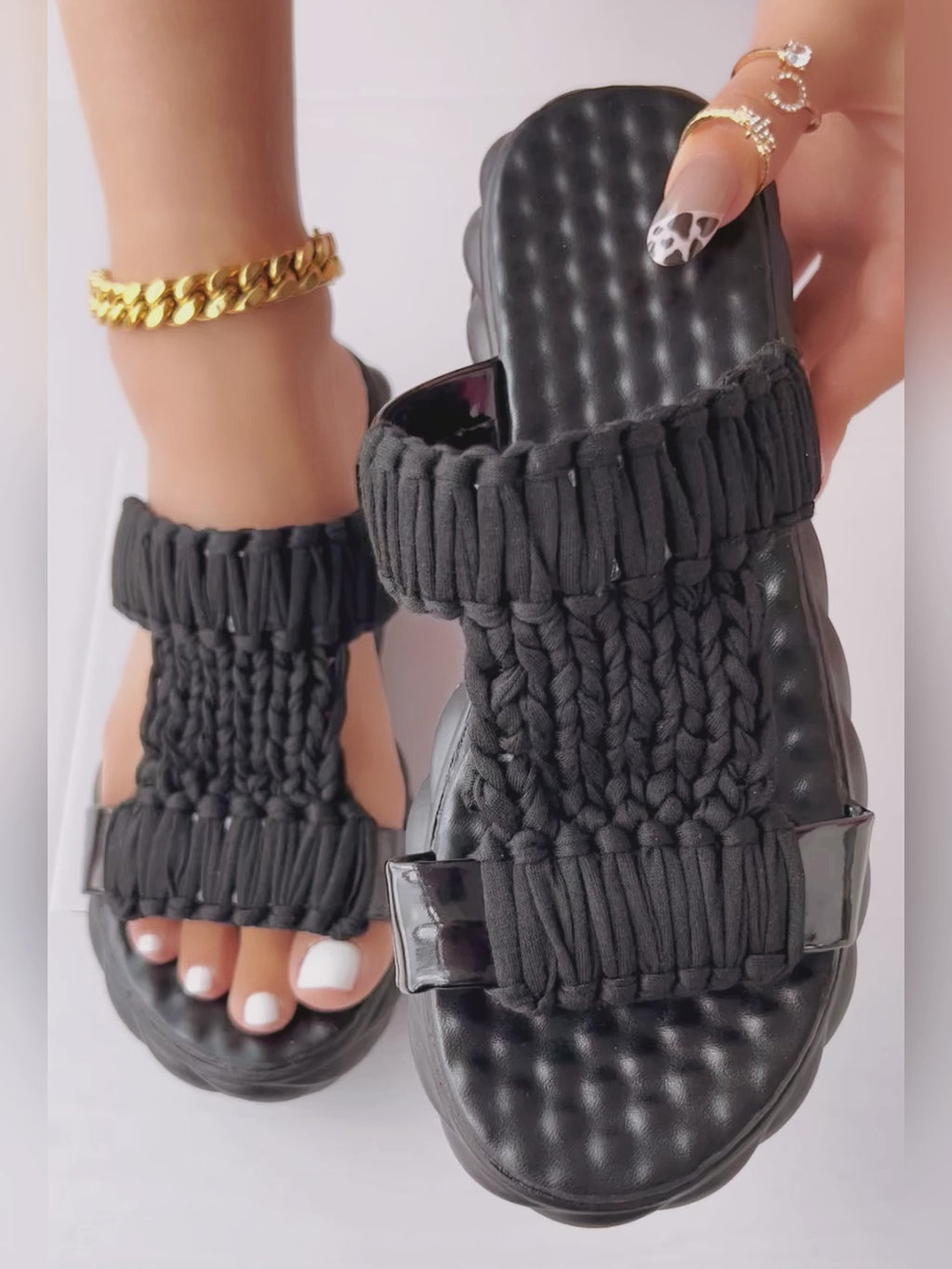 Platform Sandals Summer Braided Knit Hollow Open Toe Slipper Sandals - Anklet Not Included