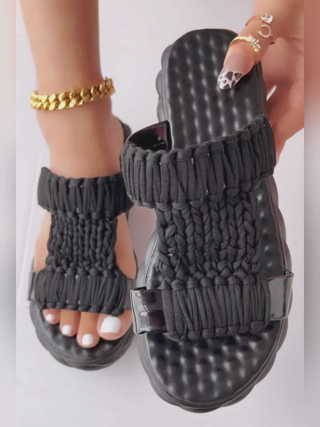 Platform Sandals Summer Braided Knit Hollow Open Toe Slipper Sandals - Anklet Not Included